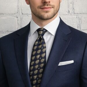 Mulberry Mens Silk Necktie Navy Blue Gold Diamond Geometric Hand‎ Sewn USA Made